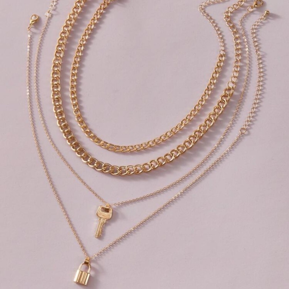 NEW 4pc lock & key gold chain necklace set - Picture 2 of 10